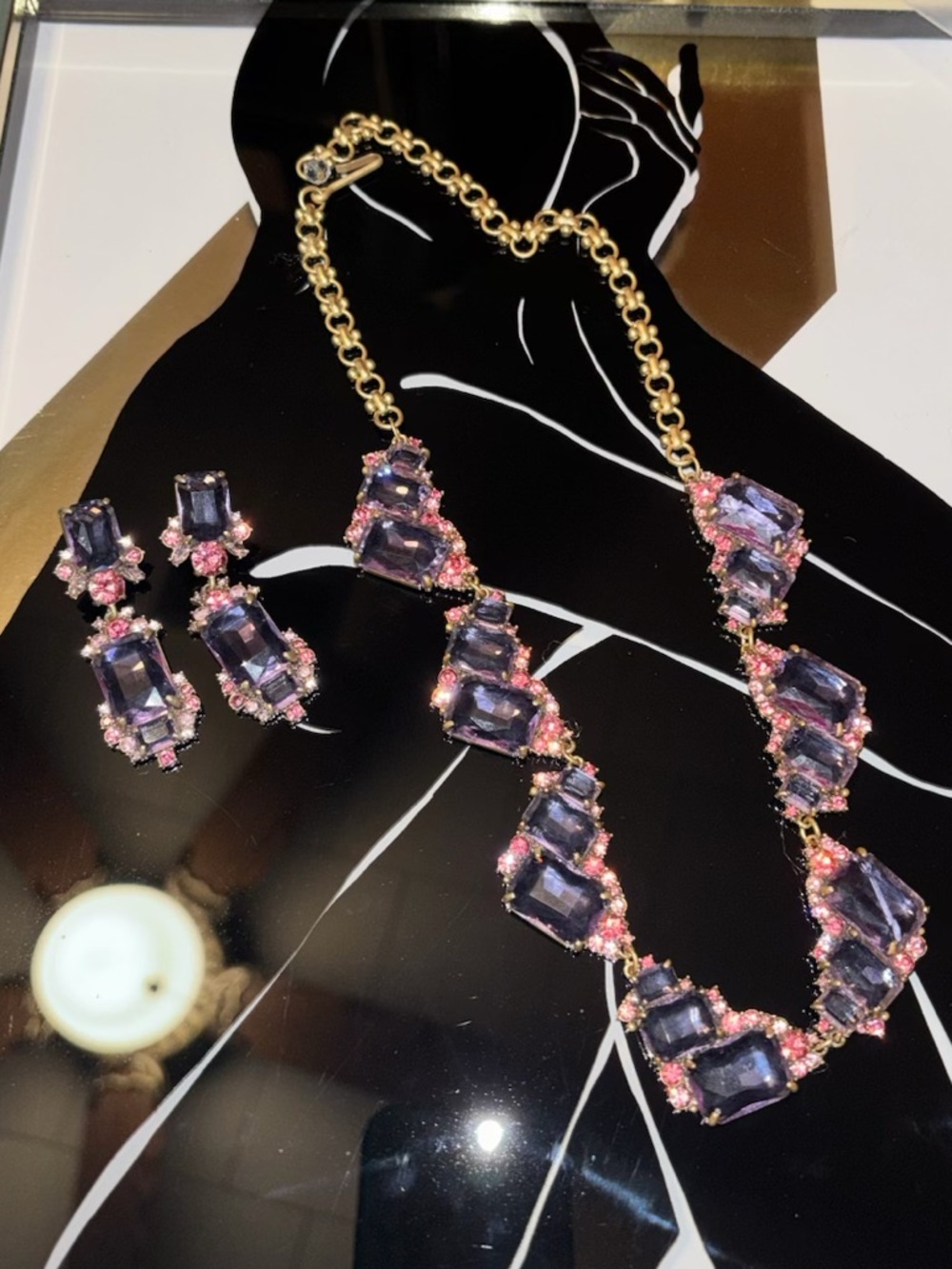 Antique Gold Purple & Pink Crystal Statement Necklace and Earring Set